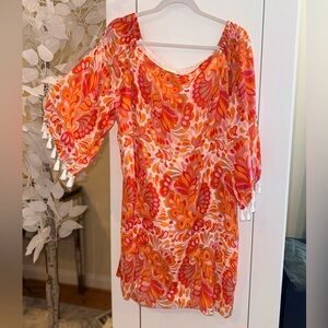 Trina Turk Sunset Paisley Silk-Blend Shift — Flowing Tassel Sleeve XL